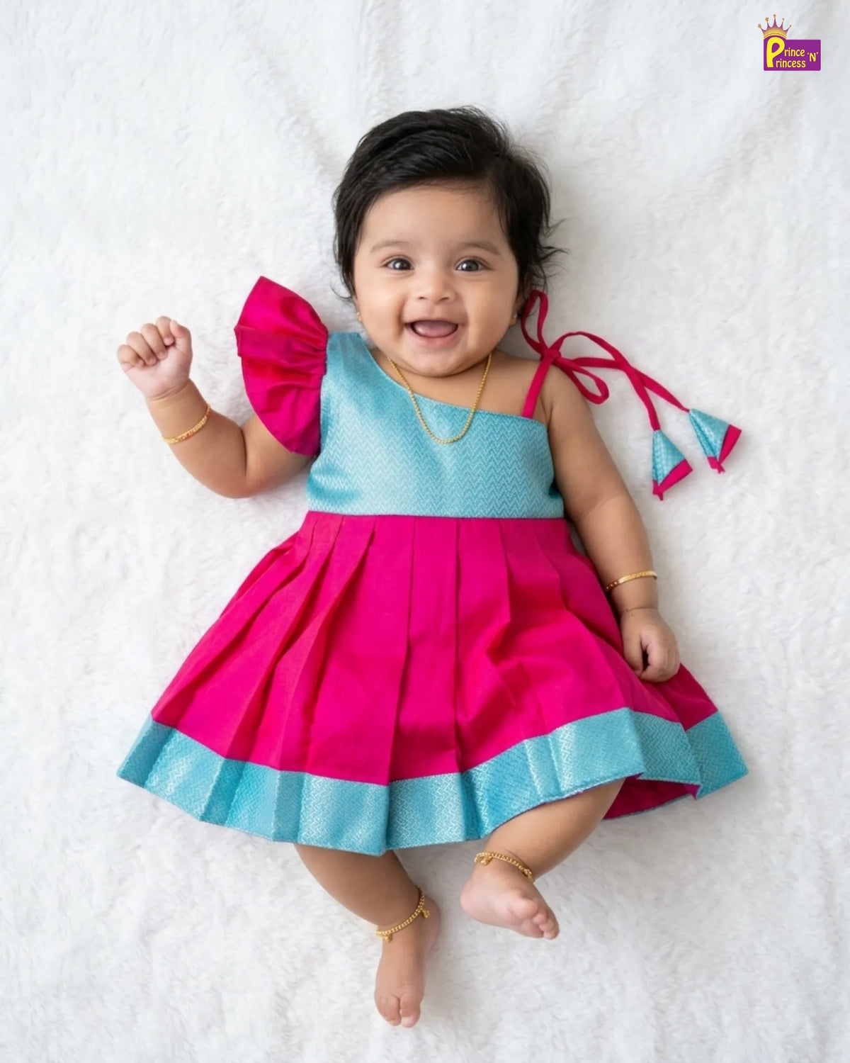 Newborn Baby Girl Pink & Turquoise Butterfly Sleeve Pattu Frock LF2068