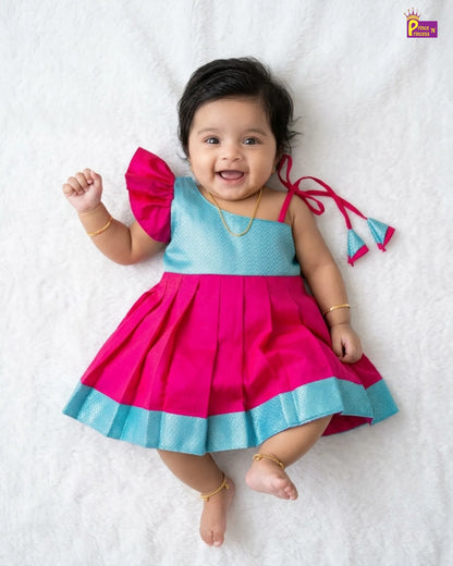 Newborn Baby Girl Pink & Turquoise Butterfly Sleeve Pattu Frock LF2068