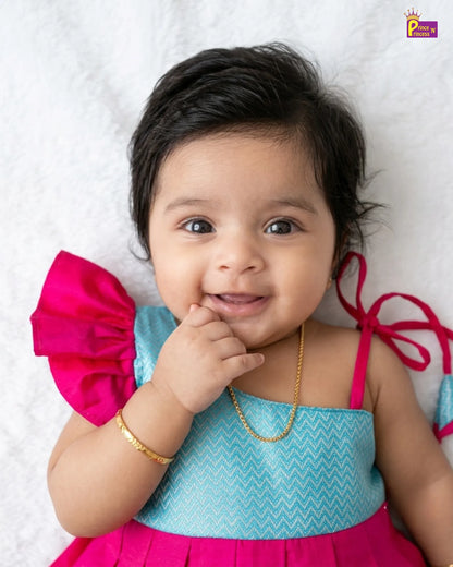 Newborn Baby Girl Pink & Turquoise Butterfly Sleeve Pattu Frock LF2068