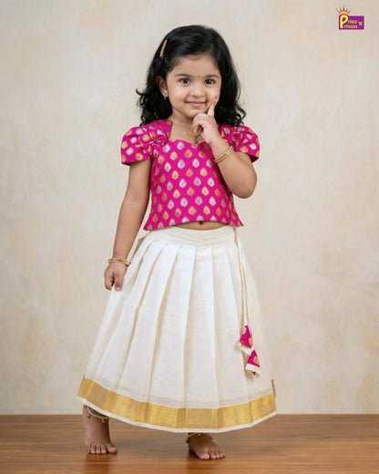 l Pink Banarasi Top & Cream Kerala Skirt Set For Baby Girl - Onam Pavadai Dress (1 - 6Yrs) LC306