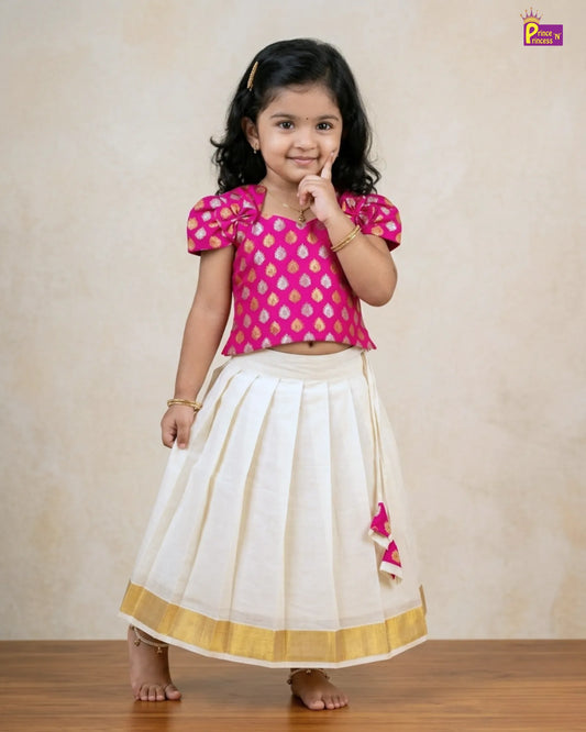 l Pink Banarasi Top & Cream Kerala Skirt Set For Baby Girl - Onam Pavadai Dress (1 - 6Yrs) LC306