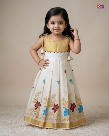 Girls Kerala Kasavu with Golden Traditional Long Gown - Colorful Flower Embordiary PG702