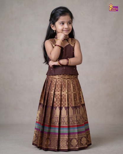 Girls Copper Brown Pattu Pavadai Set with Cutout Halter Neck Top PPP2176