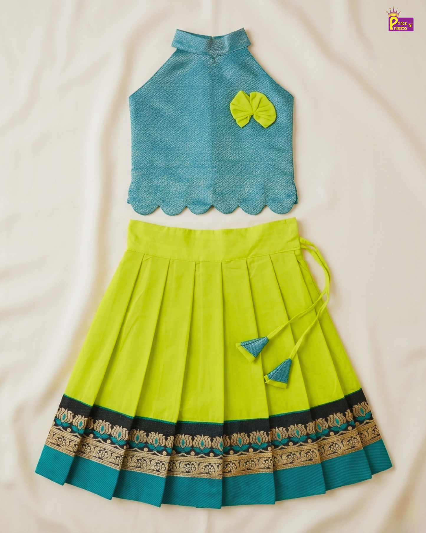 Designer Pattu Pavadai Rama Blue And Lime Green Silk Kids Festive Wear PPP2074