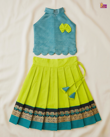 Designer Pattu Pavadai Rama Blue And Lime Green Silk Kids Festive Wear PPP2074