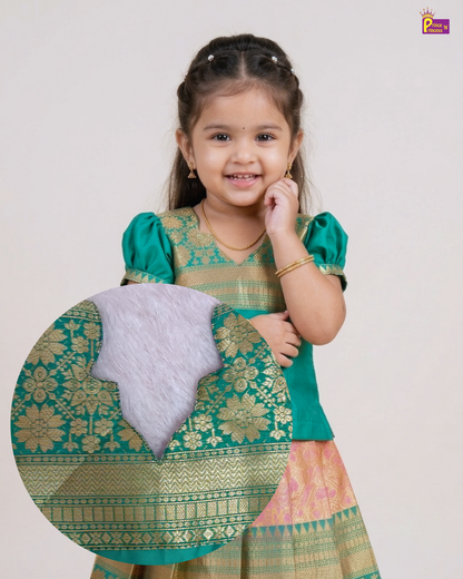 A young girl wearing a traditional Indian outfit with a green and gold embroidered top and a pink and gold skirt, holding a circular close-up detail of the fabric pattern.