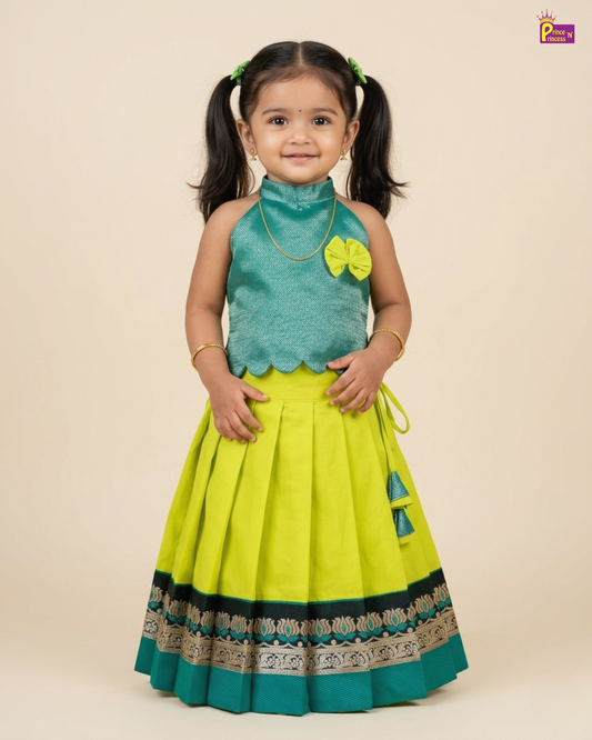 Designer Pattu Pavadai Rama Blue And Lime Green Silk Kids Festive Wear PPP2074