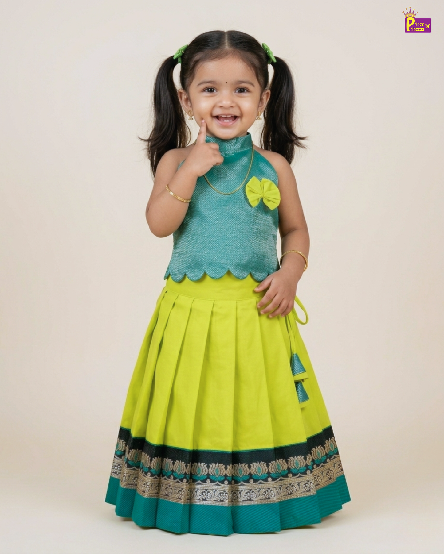 Designer Pattu Pavadai Rama Blue And Lime Green Silk Kids Festive Wear PPP2074
