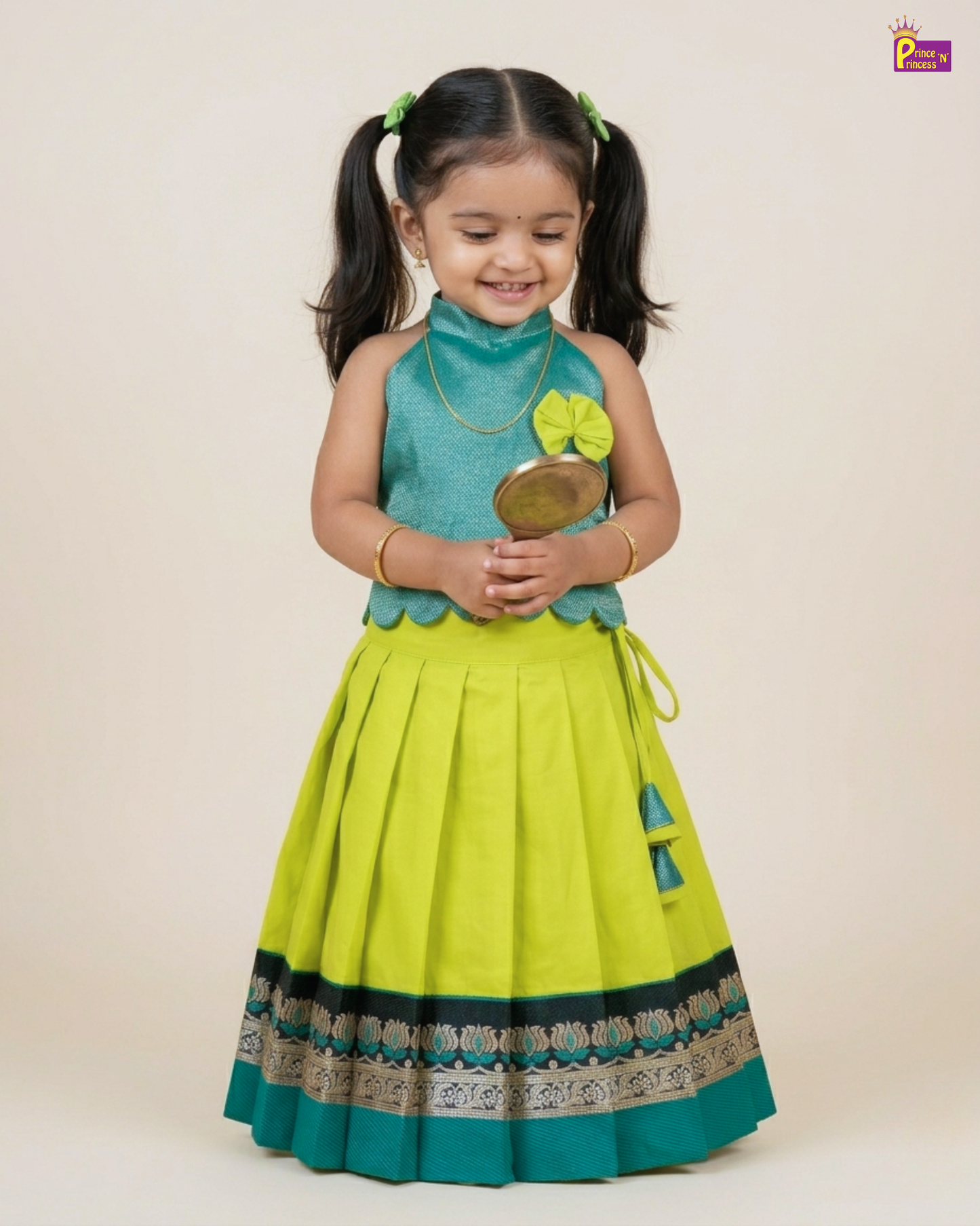 Designer Pattu Pavadai Rama Blue And Lime Green Silk Kids Festive Wear PPP2074