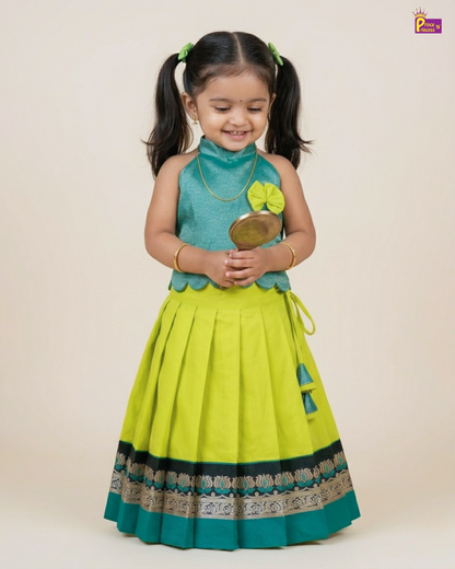 Designer Pattu Pavadai Rama Blue And Lime Green Silk Kids Festive Wear PPP2074