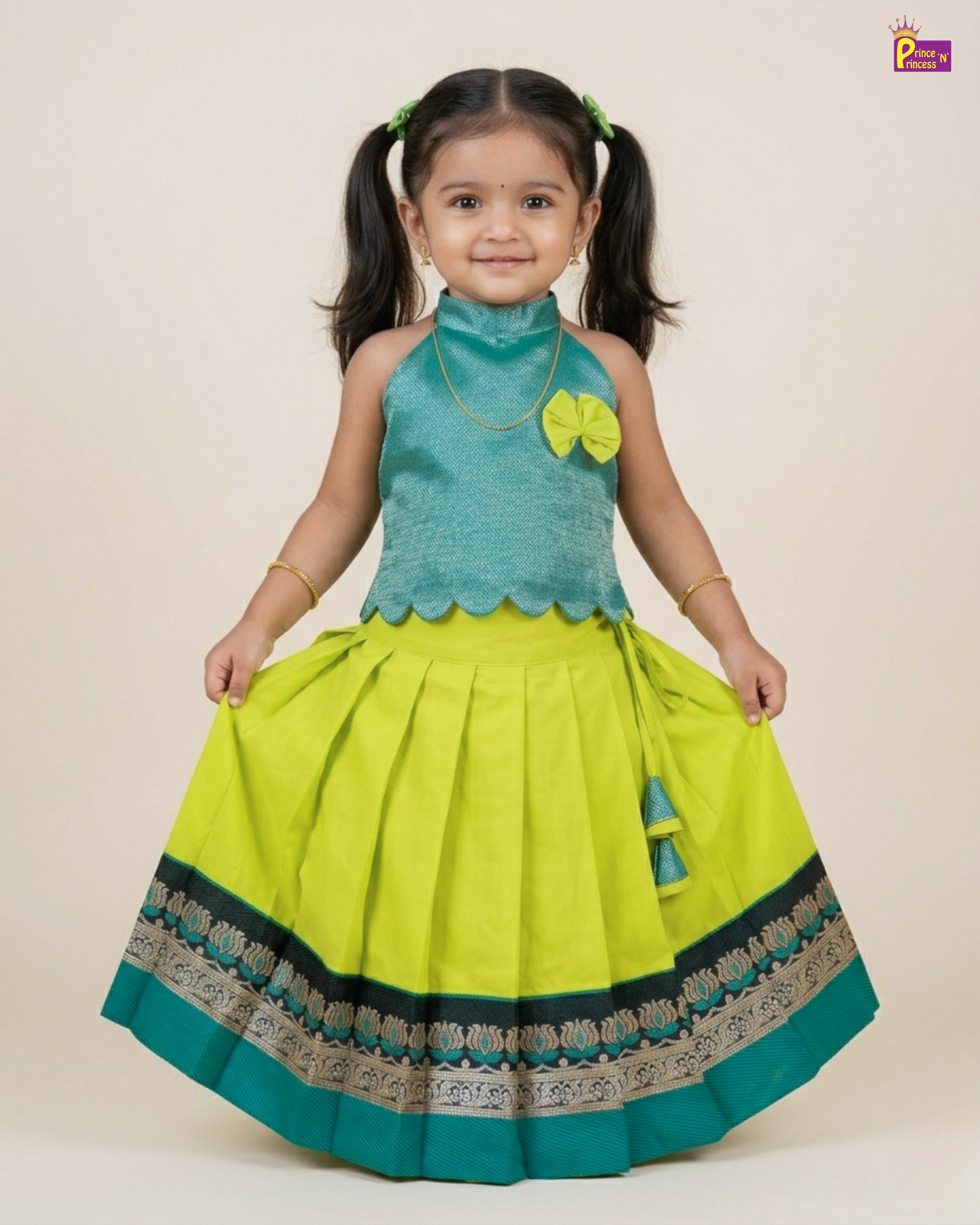 Designer Pattu Pavadai Rama Blue And Lime Green Silk Kids Festive Wear PPP2074