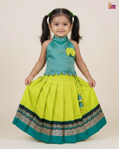 Designer Pattu Pavadai Rama Blue And Lime Green Silk Kids Festive Wear PPP2074
