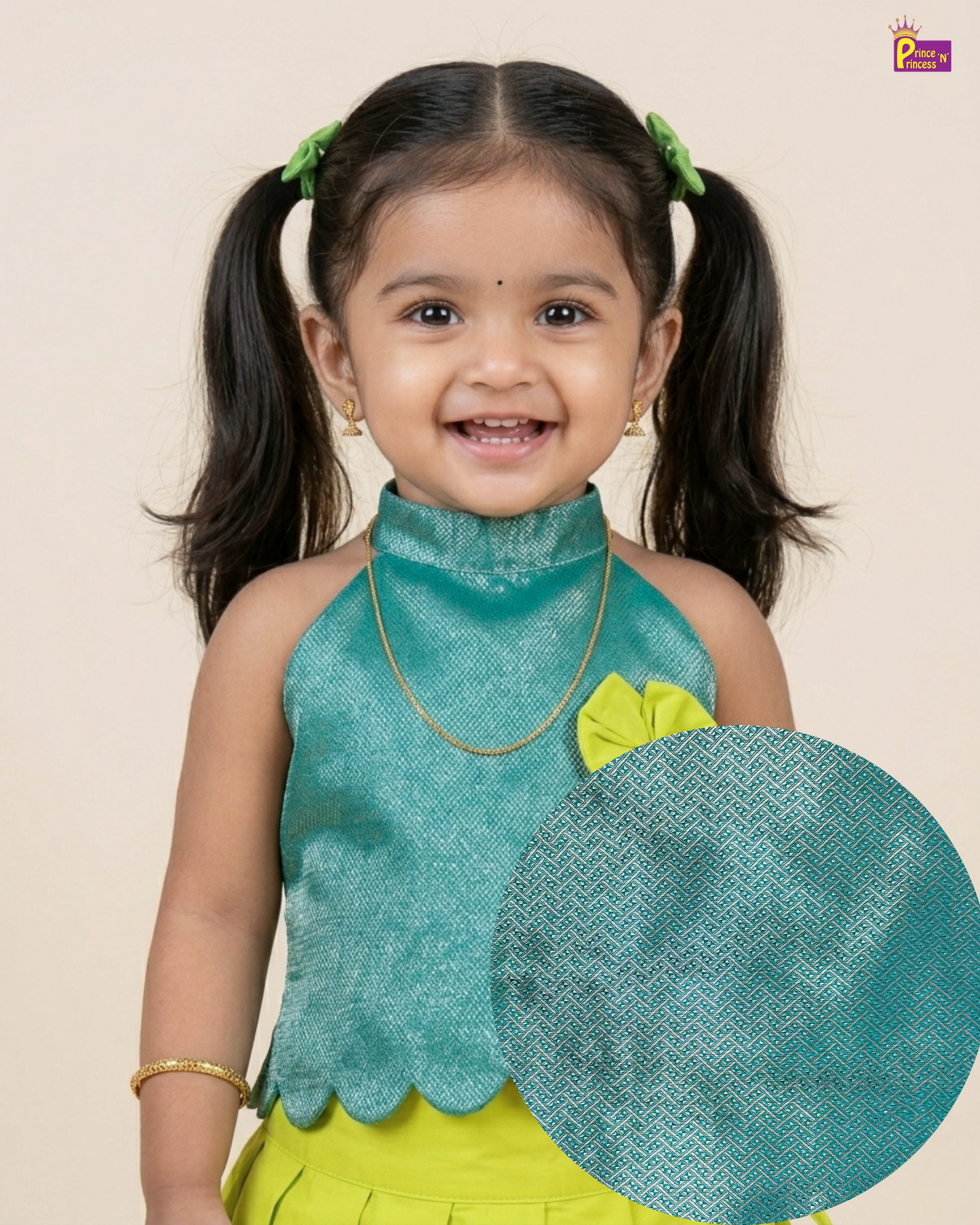 Designer Pattu Pavadai Rama Blue And Lime Green Silk Kids Festive Wear PPP2074