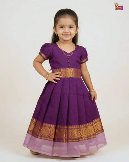 Girls Chettinad Pattu Gown – Royal Purple Cotton Chettinad Dress with Gold Temple Zari Border PG717