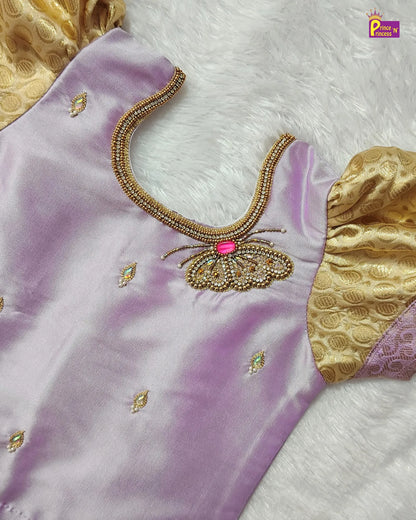 Girls Lavender & Gold Butterfly Pattu Pavadai Set for Diwali PPP2182