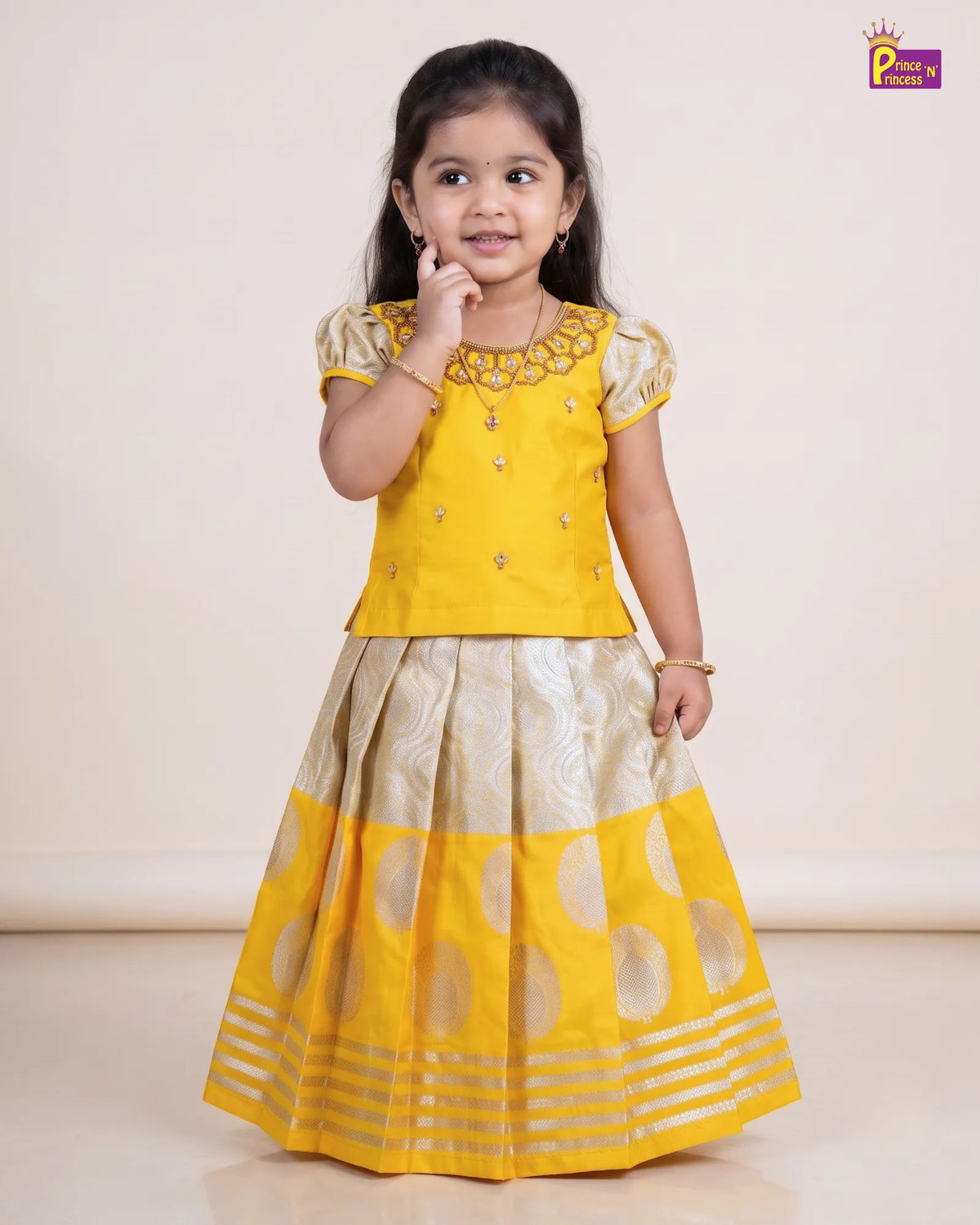Kids Yellow Traditional Aari Pattupavadai PPP1949