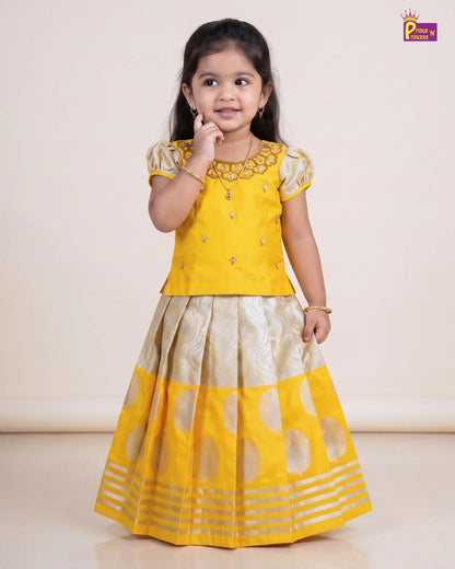 Kids Yellow Traditional Aari Pattupavadai PPP1949