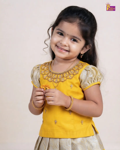 Kids Yellow Traditional Aari Pattupavadai PPP1949