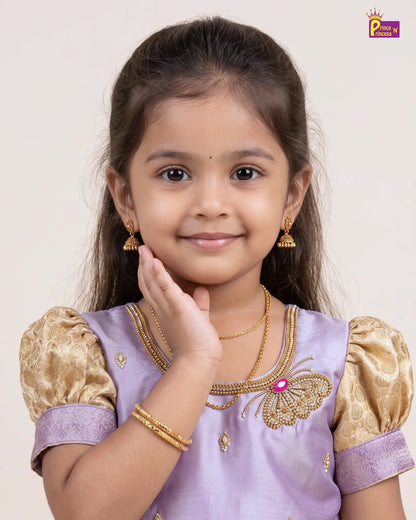 Girls Lavender & Gold Butterfly Pattu Pavadai Set for Diwali PPP2182