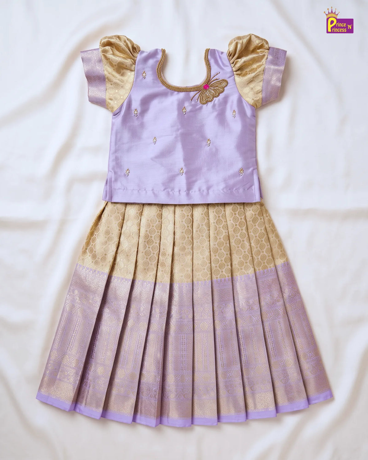 Girls Lavender & Gold Butterfly Pattu Pavadai Set for Diwali PPP2182