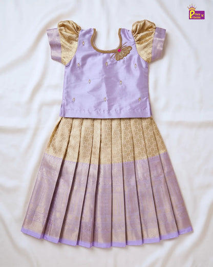 Girls Lavender & Gold Butterfly Pattu Pavadai Set for Diwali PPP2182