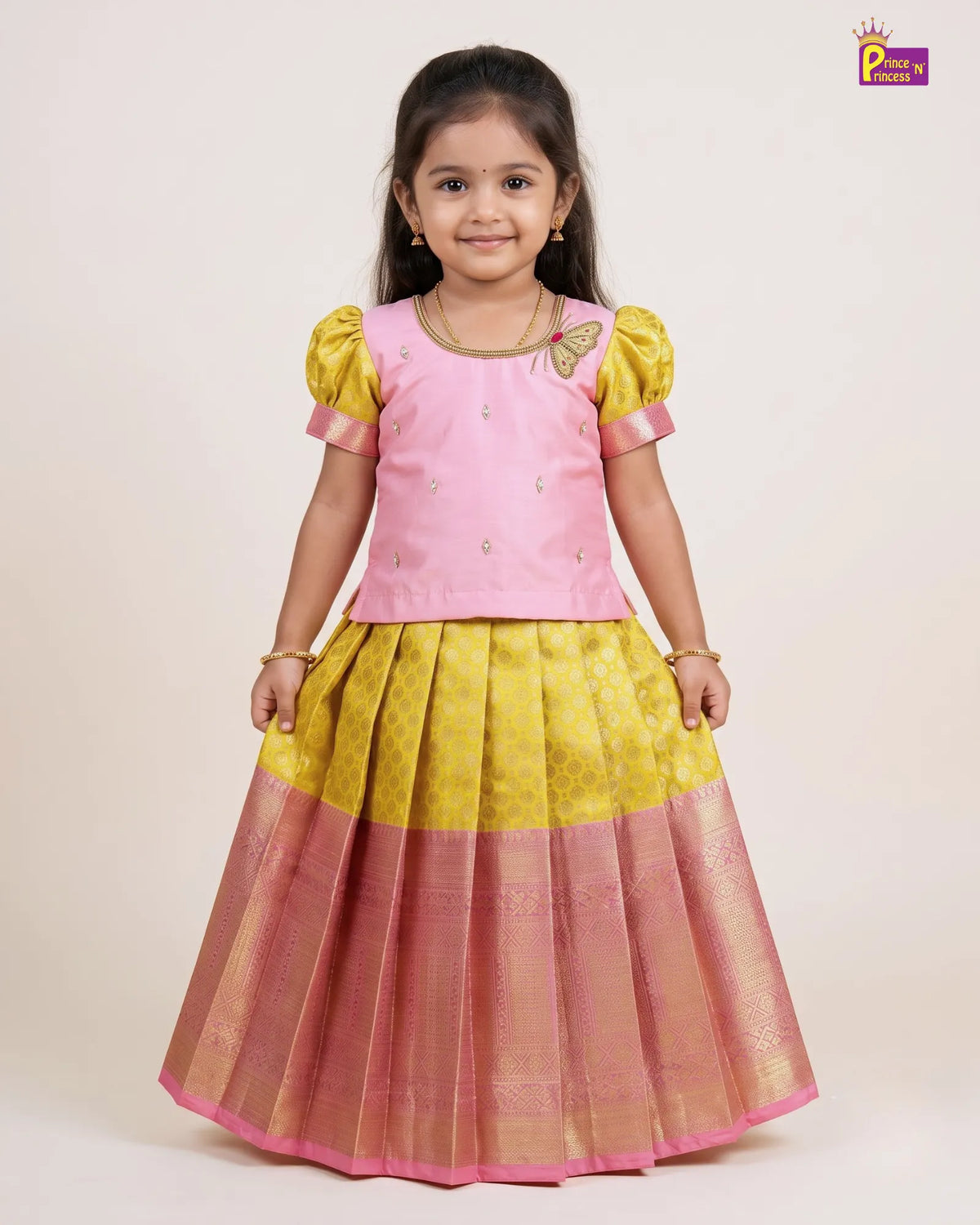 Girls Yellow Butterfly Pattu Pavadai Set | Traditional Festive Wear PPP2141