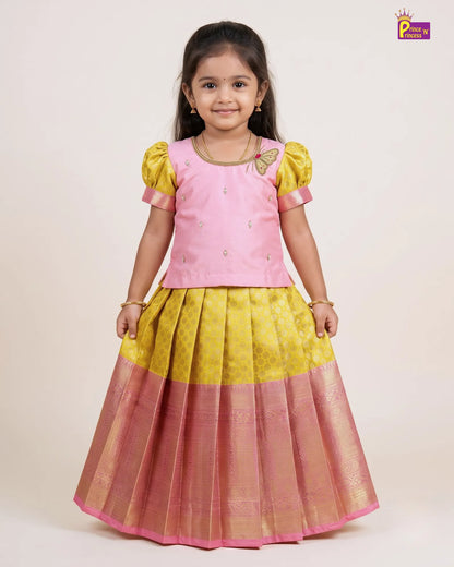 Girls Yellow Butterfly Pattu Pavadai Set | Traditional Festive Wear PPP2141