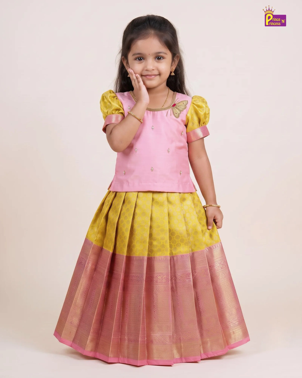 Girls Yellow Butterfly Pattu Pavadai Set | Traditional Festive Wear PPP2141