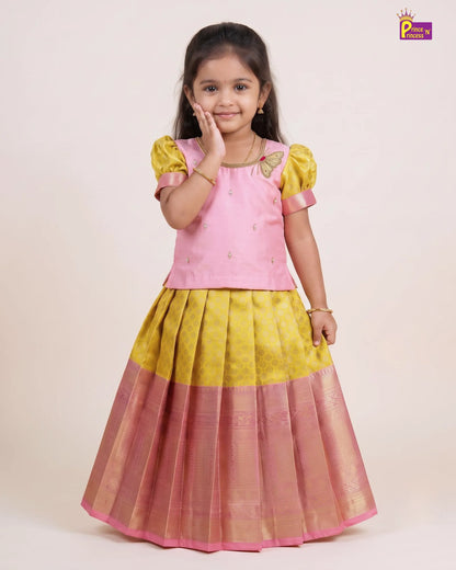 Girls Yellow Butterfly Pattu Pavadai Set | Traditional Festive Wear PPP2141