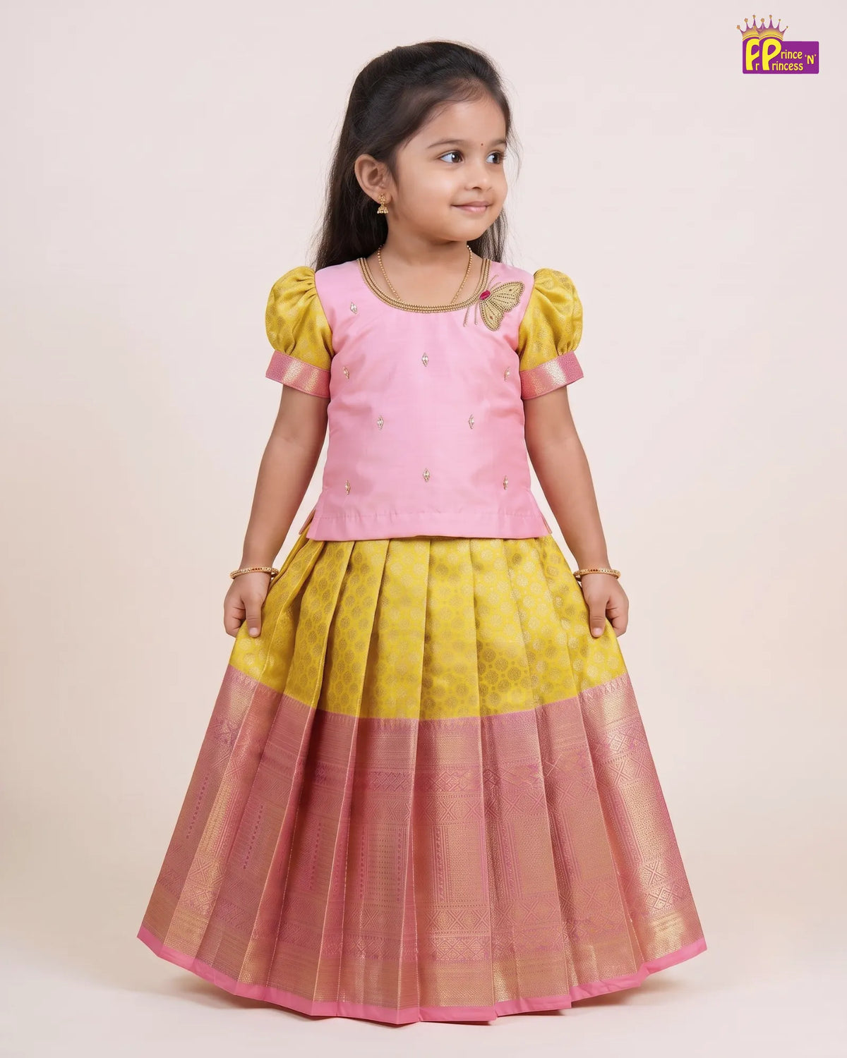 Girls Yellow Butterfly Pattu Pavadai Set | Traditional Festive Wear PPP2141