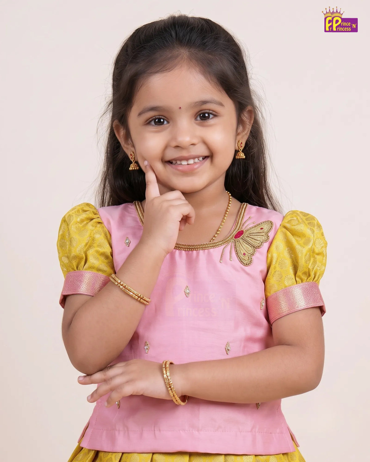 Girls Yellow Butterfly Pattu Pavadai Set | Traditional Festive Wear PPP2141