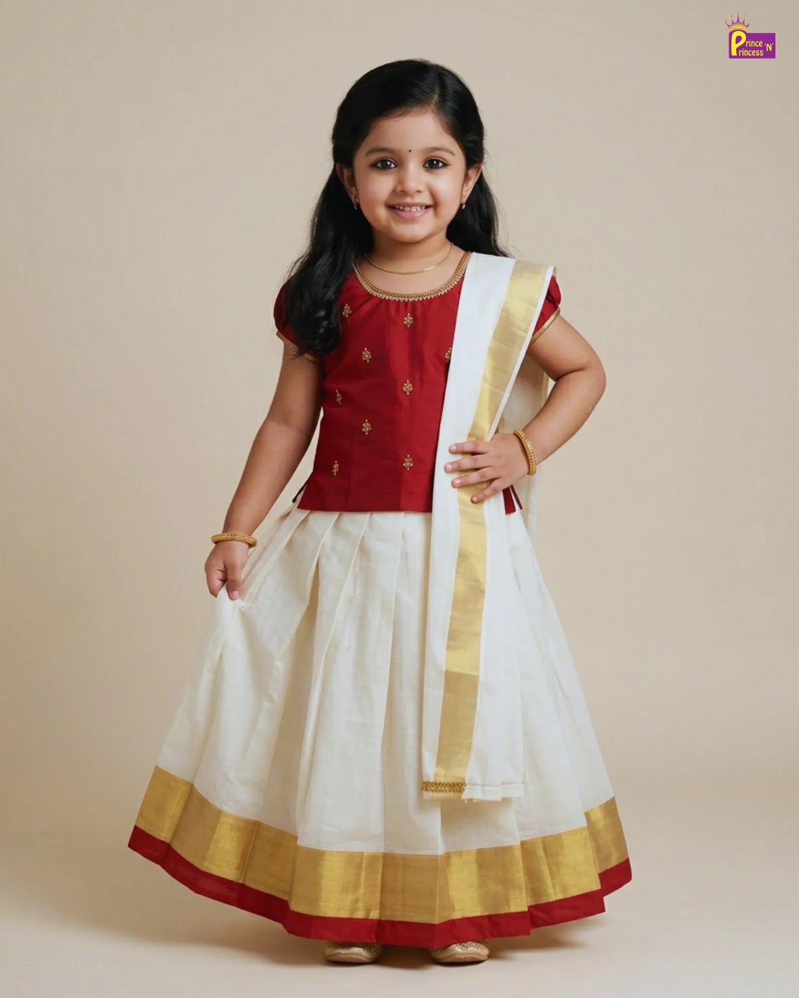 Young girl wearing a traditional red and white outfit with gold accents on a beige background