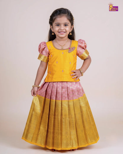 Girls Yellow & Pink Butterfly Pattu Pavadai Set for Diwali PPP2181