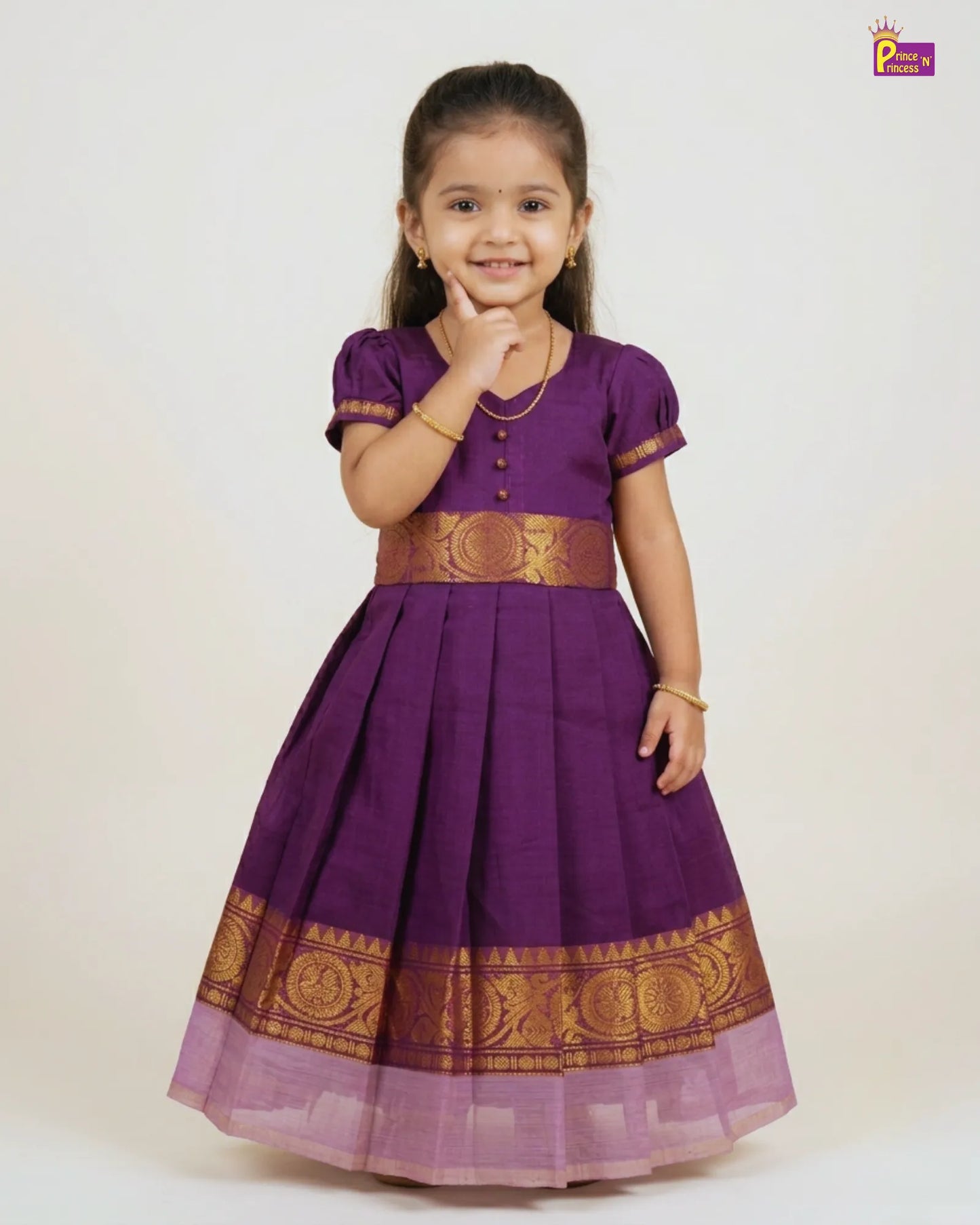 Girls Chettinad Pattu Gown – Royal Purple Cotton Chettinad Dress with Gold Temple Zari Border PG717
