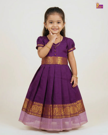 Girls Chettinad Pattu Gown – Royal Purple Cotton Chettinad Dress with Gold Temple Zari Border PG717