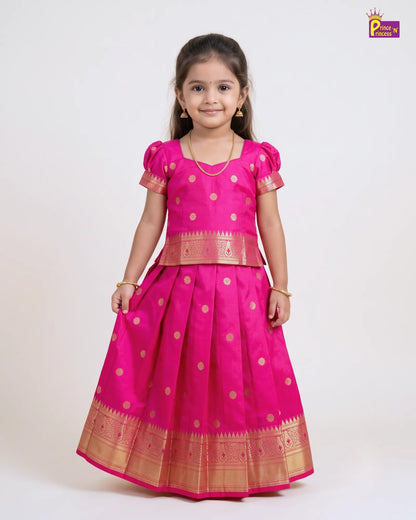 Girls Rani Pink & Gold Traditional Pattu Pavadai Set for Diwali  PPP2177
