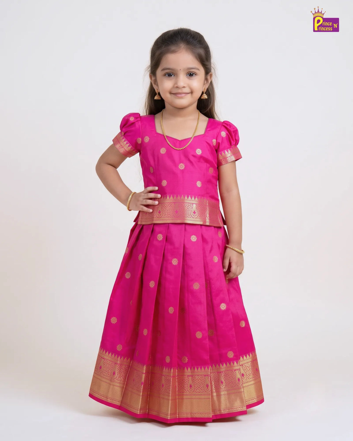 Girls Rani Pink & Gold Traditional Pattu Pavadai Set for Diwali  PPP2177