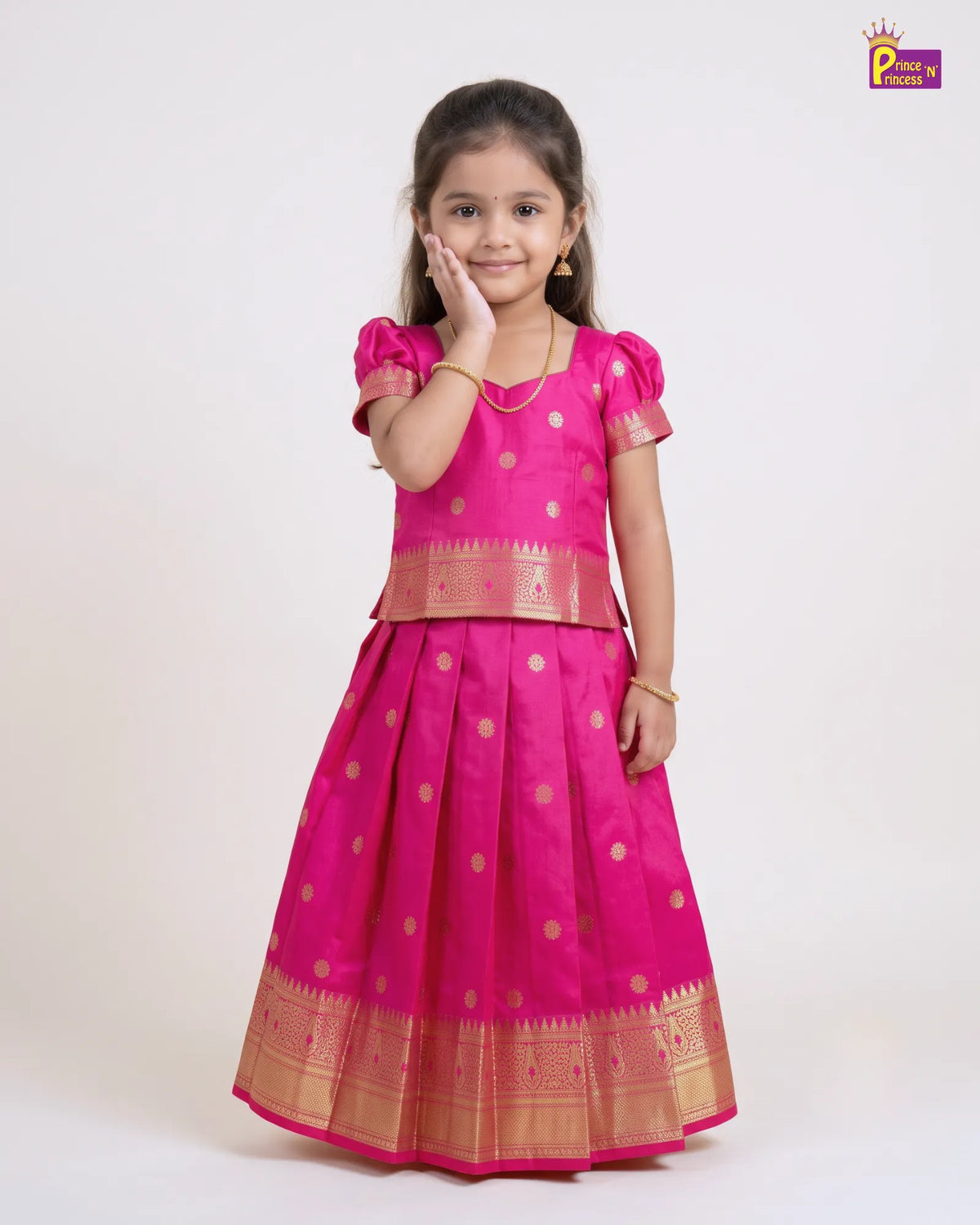 Girls Rani Pink & Gold Traditional Pattu Pavadai Set for Diwali  PPP2177