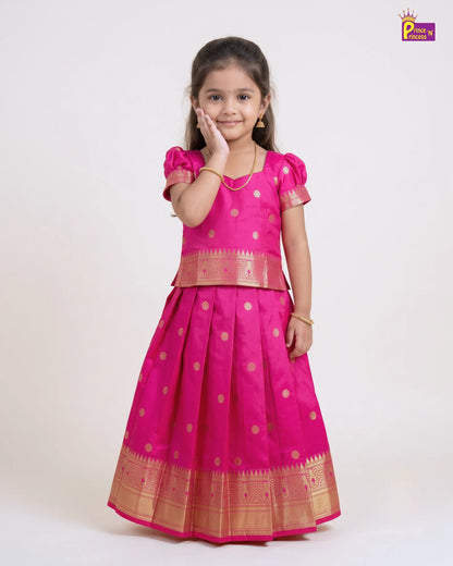 Girls Rani Pink & Gold Traditional Pattu Pavadai Set for Diwali  PPP2177