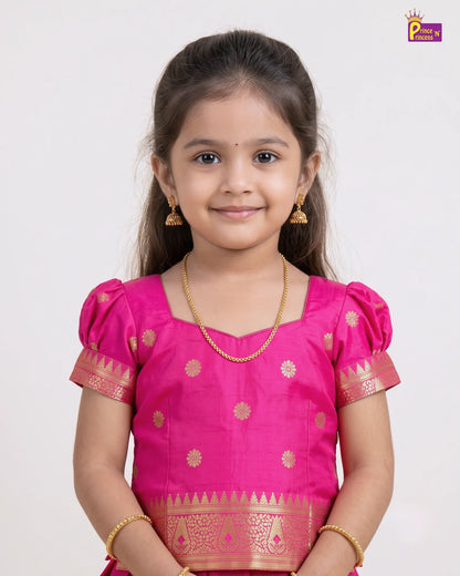 Girls Rani Pink & Gold Traditional Pattu Pavadai Set for Diwali  PPP2177