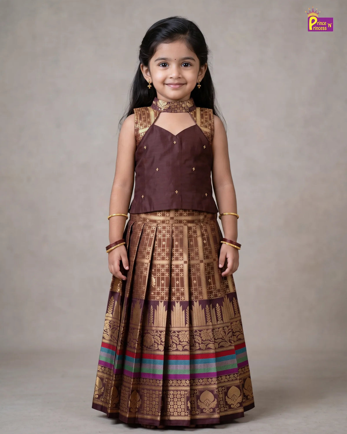Girls Copper Brown Pattu Pavadai Set with Cutout Halter Neck Top PPP2176