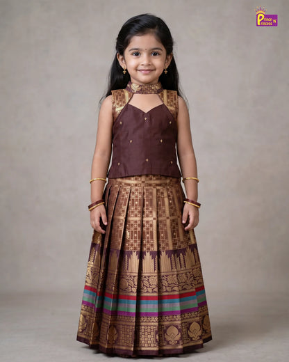 Girls Copper Brown Pattu Pavadai Set with Cutout Halter Neck Top PPP2176
