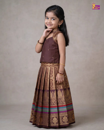 Girls Copper Brown Pattu Pavadai Set with Cutout Halter Neck Top PPP2176