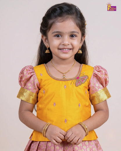 Girls Yellow & Pink Butterfly Pattu Pavadai Set for Diwali PPP2181