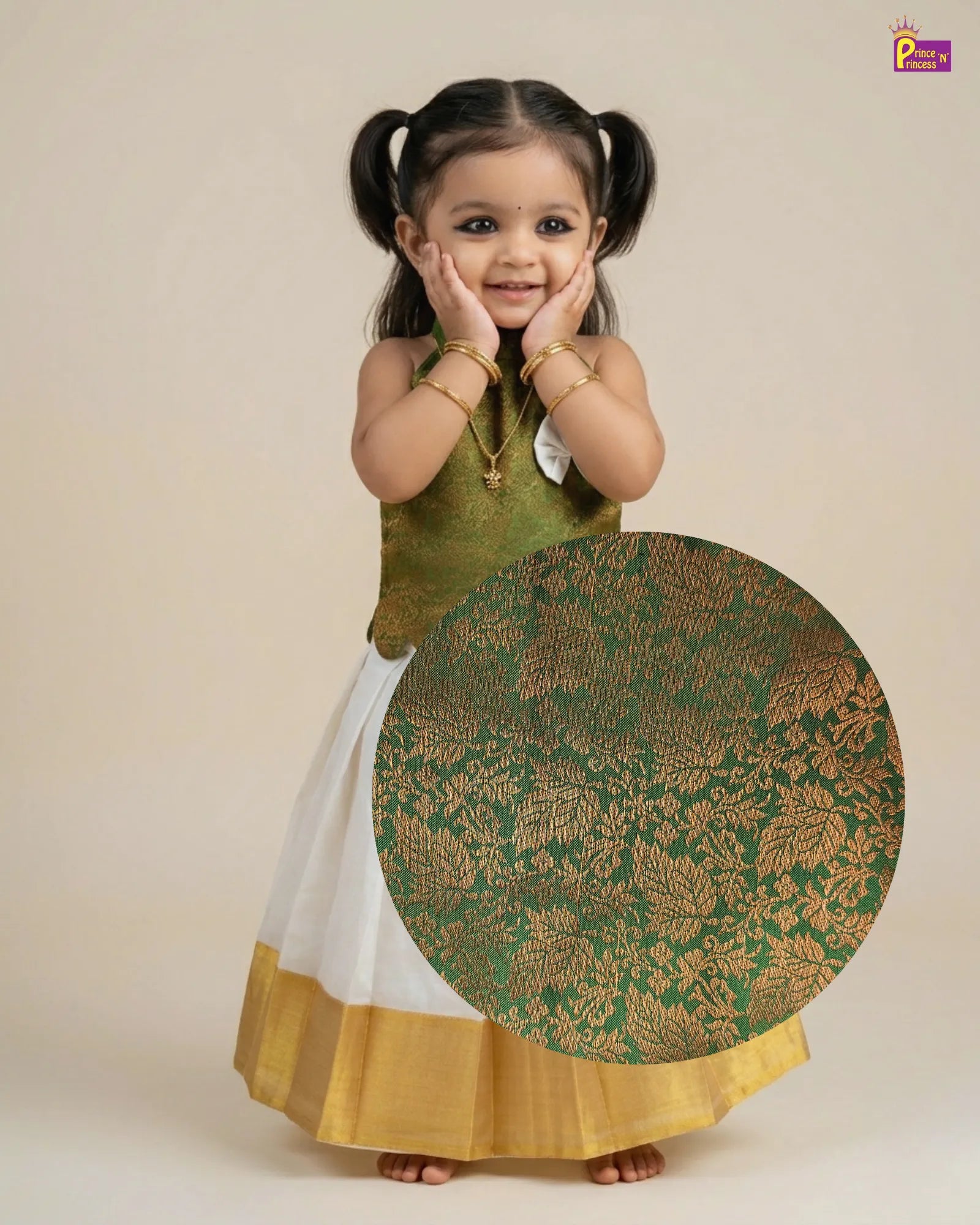 Young girl wearing a green and white traditional outfit with a large circular design.