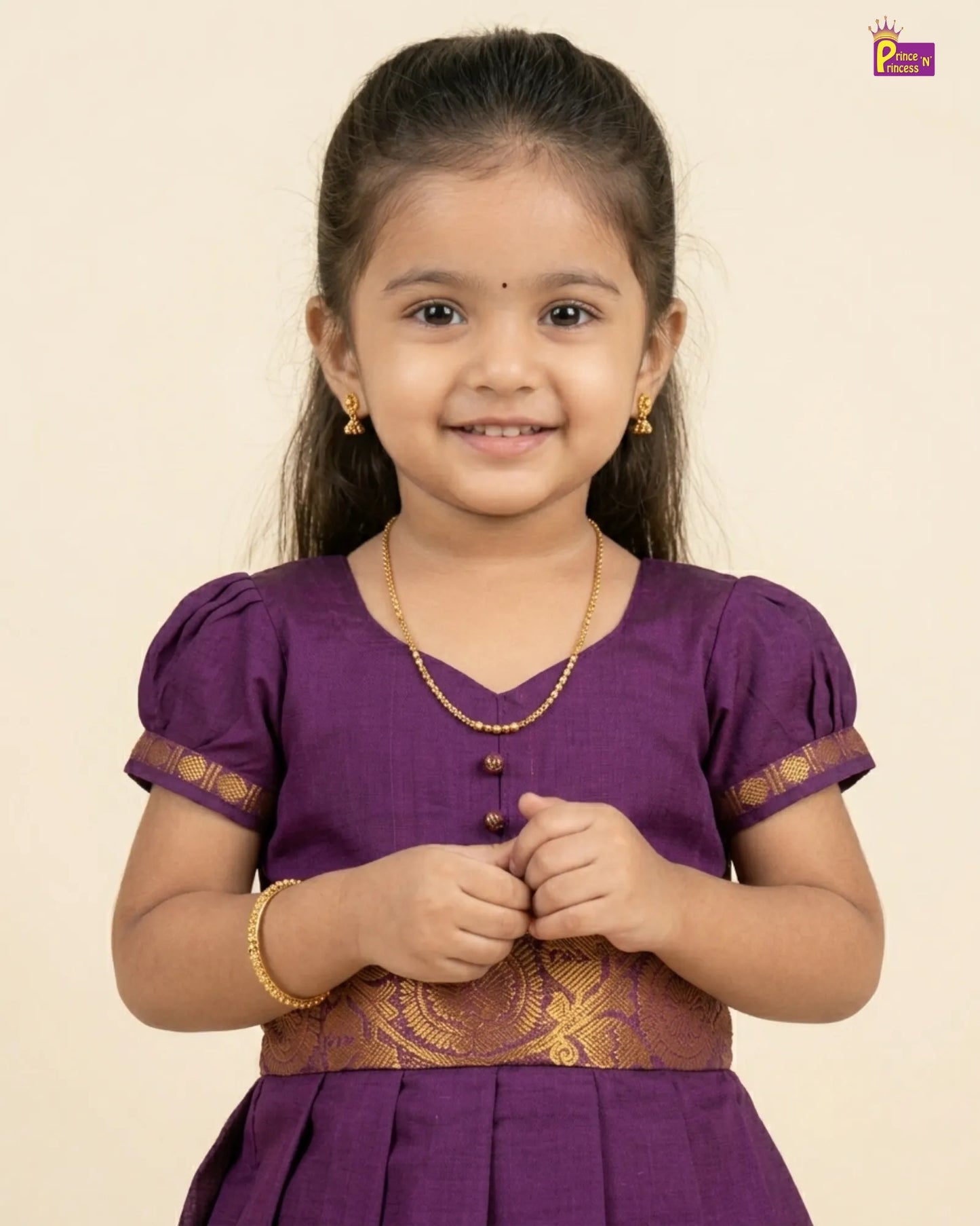 Girls Chettinad Pattu Gown – Royal Purple Cotton Chettinad Dress with Gold Temple Zari Border PG717