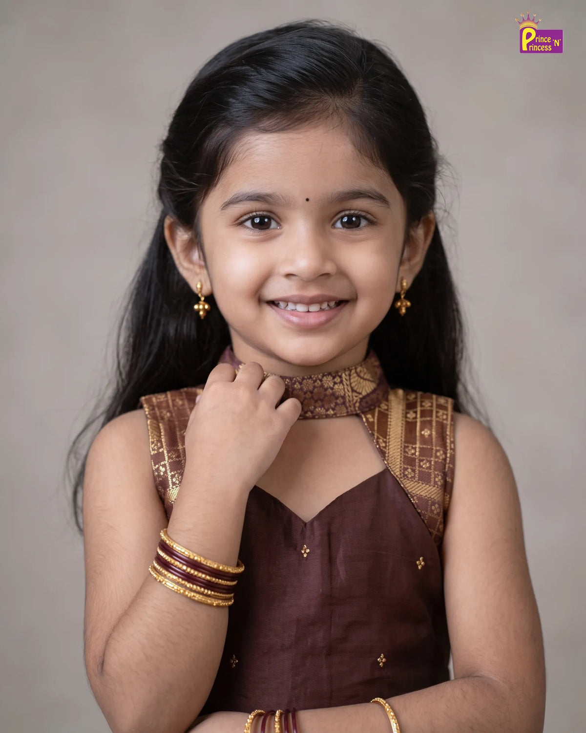Girls Copper Brown Pattu Pavadai Set with Cutout Halter Neck Top PPP2176