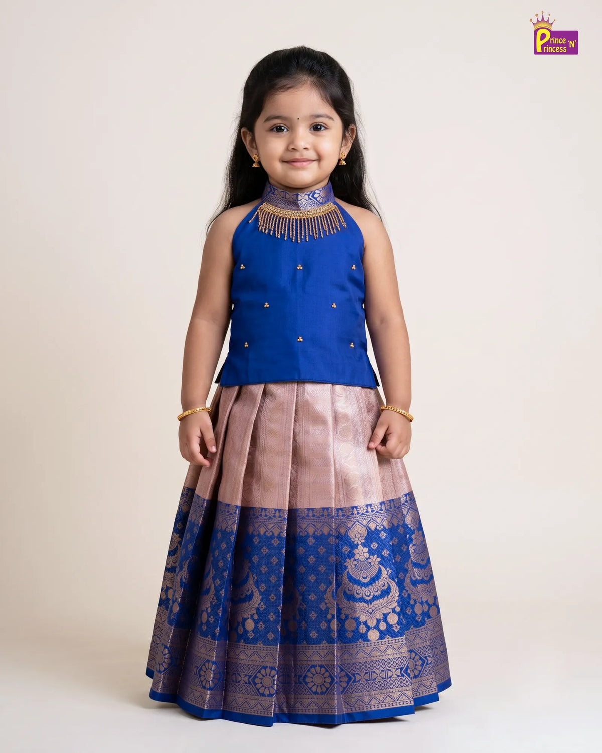Girls Royal Blue & Blush Gold Zari Pattu Pavadai Set PPP2171