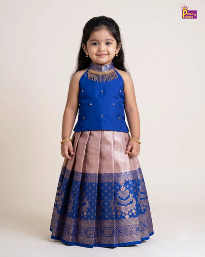 Girls Royal Blue & Blush Gold Zari Pattu Pavadai Set PPP2171