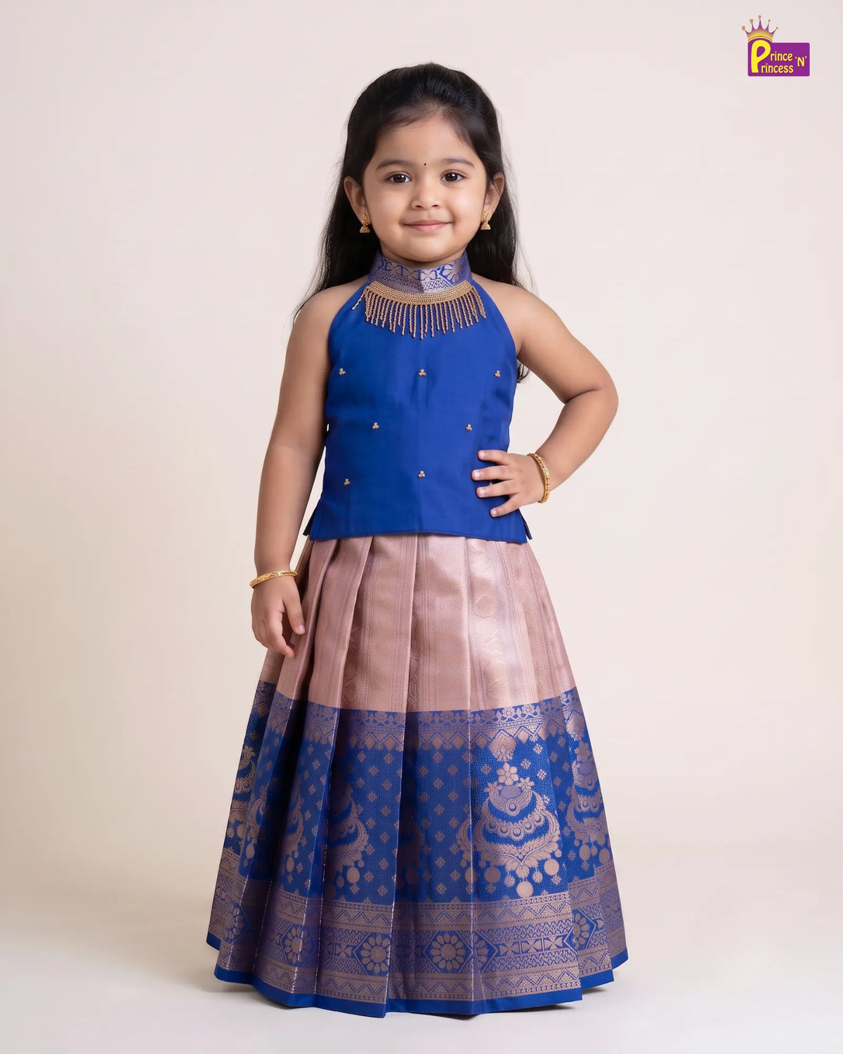 Girls Royal Blue & Blush Gold Zari Pattu Pavadai Set PPP2171